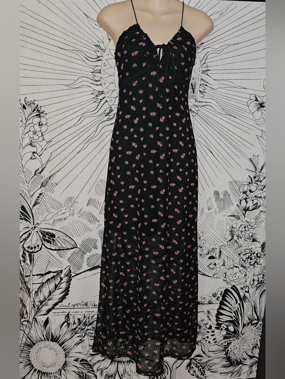Vibe Sportswear floral maxi slip dress, Black Mesh Sz Medium 90s Grunge
